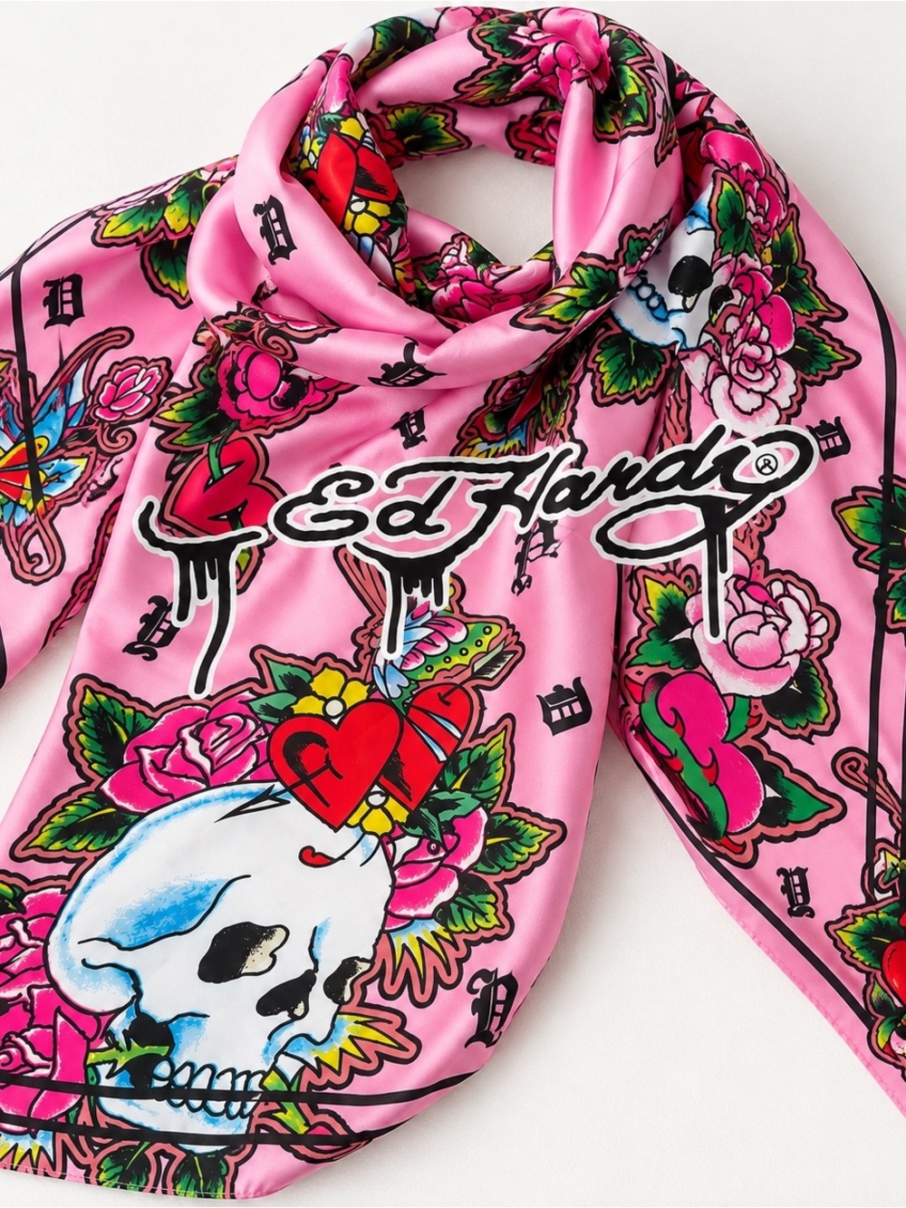 Ed Hardy Pink Skull Rose Tattoo Print Square Scarf 26” Y2K